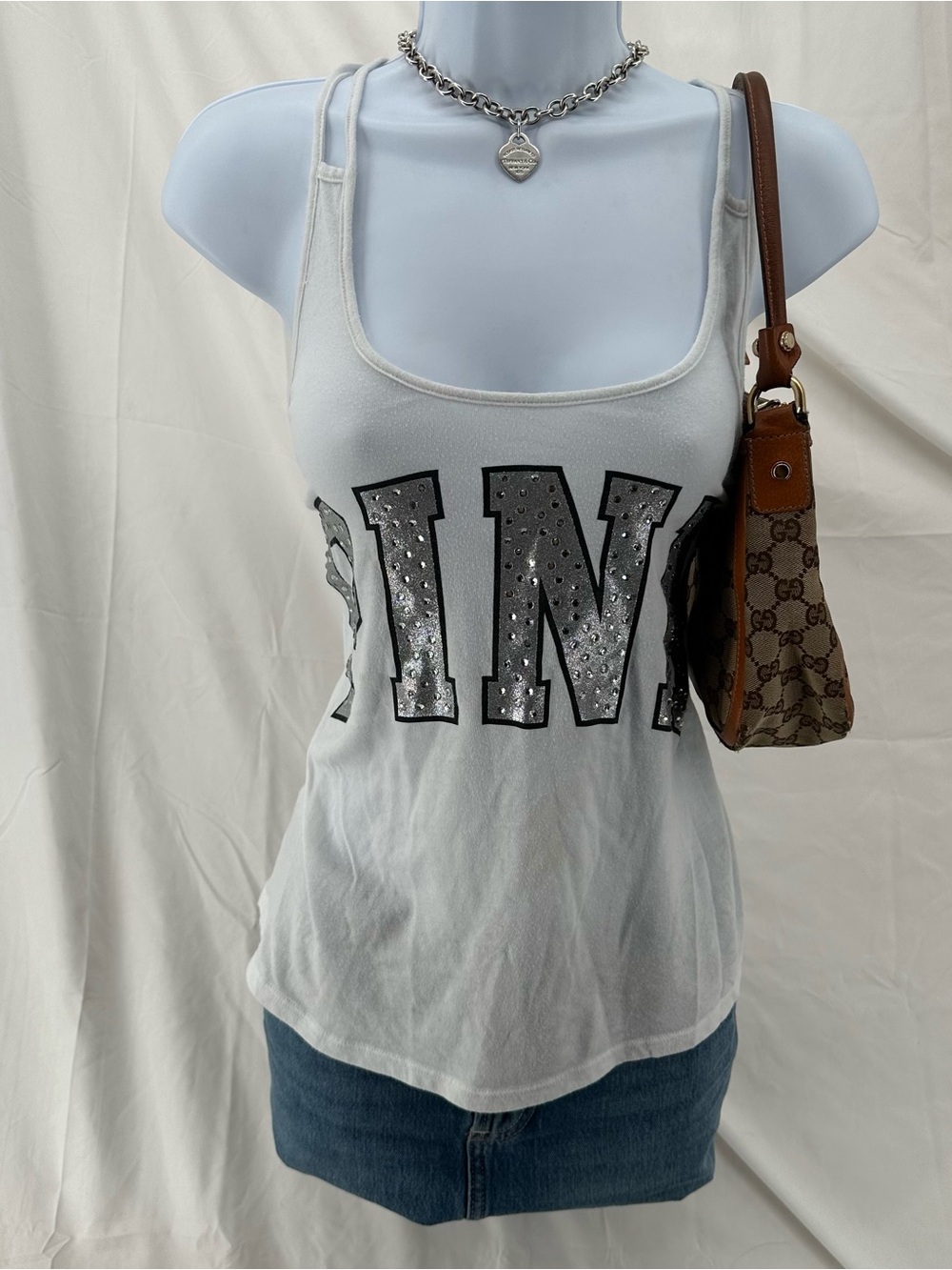 Victorias Secret Pink White Strappy Bling Rhinestone Tank Top
